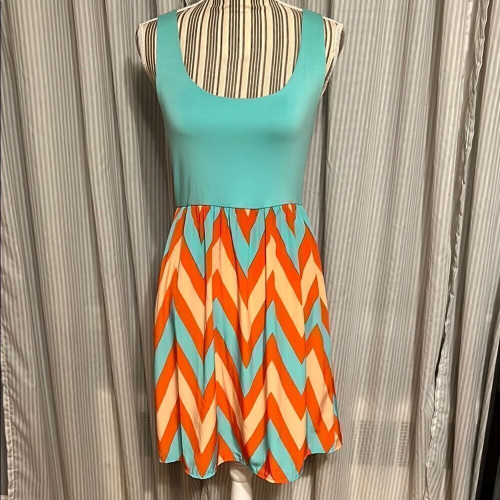 Chevron Patterned Sleeveless Dress - Turquoise and Orange